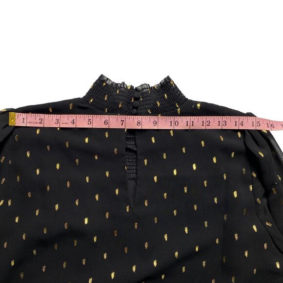 WHBM Black & Gold Foil Dash Mock Neck Sheer Sleeve Blouse Small - Picture 14 of 16